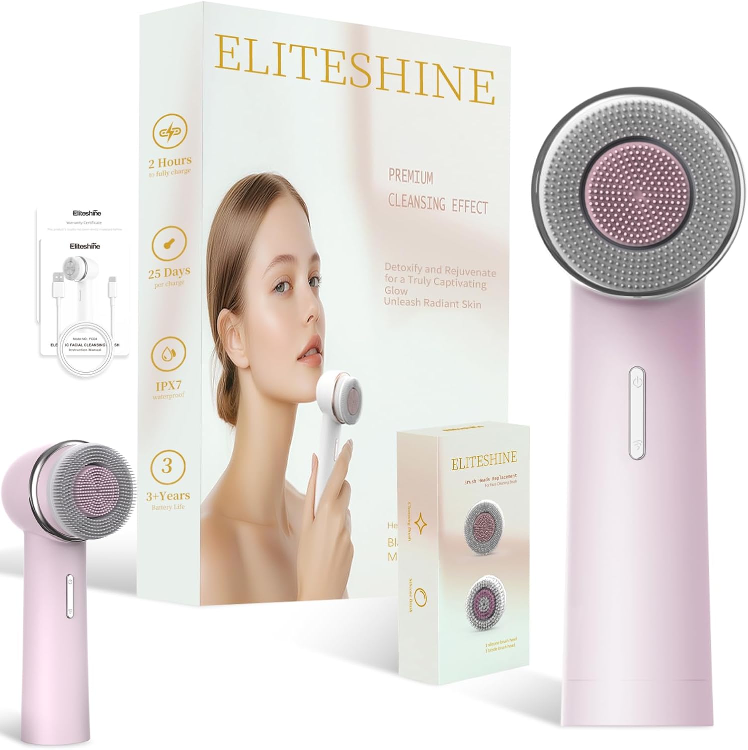 Electric Facial Cleansing Brush with Dual-Rotating Silicone and Bristle Brushheads,Electric Silicone Face Scrubber Exfoliator,Face Cleansing Brush, Rechargeable, for Face Skin Issues,Pink