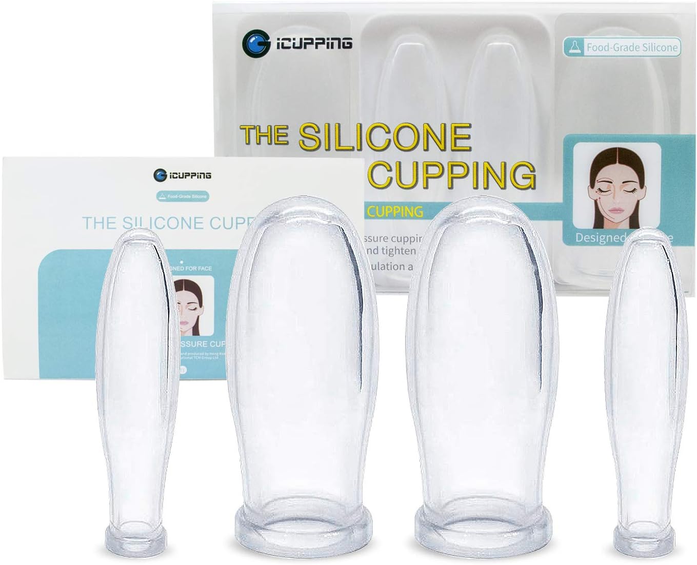 ICUPPING Facial Cupping Set, 4 Clear Silicone Face Massage Cups for Face, Neck & Delicate Areas, 2 Sizes for Cheeks, Jawline, Brow & Lip Area, Reusable Skincare Tools