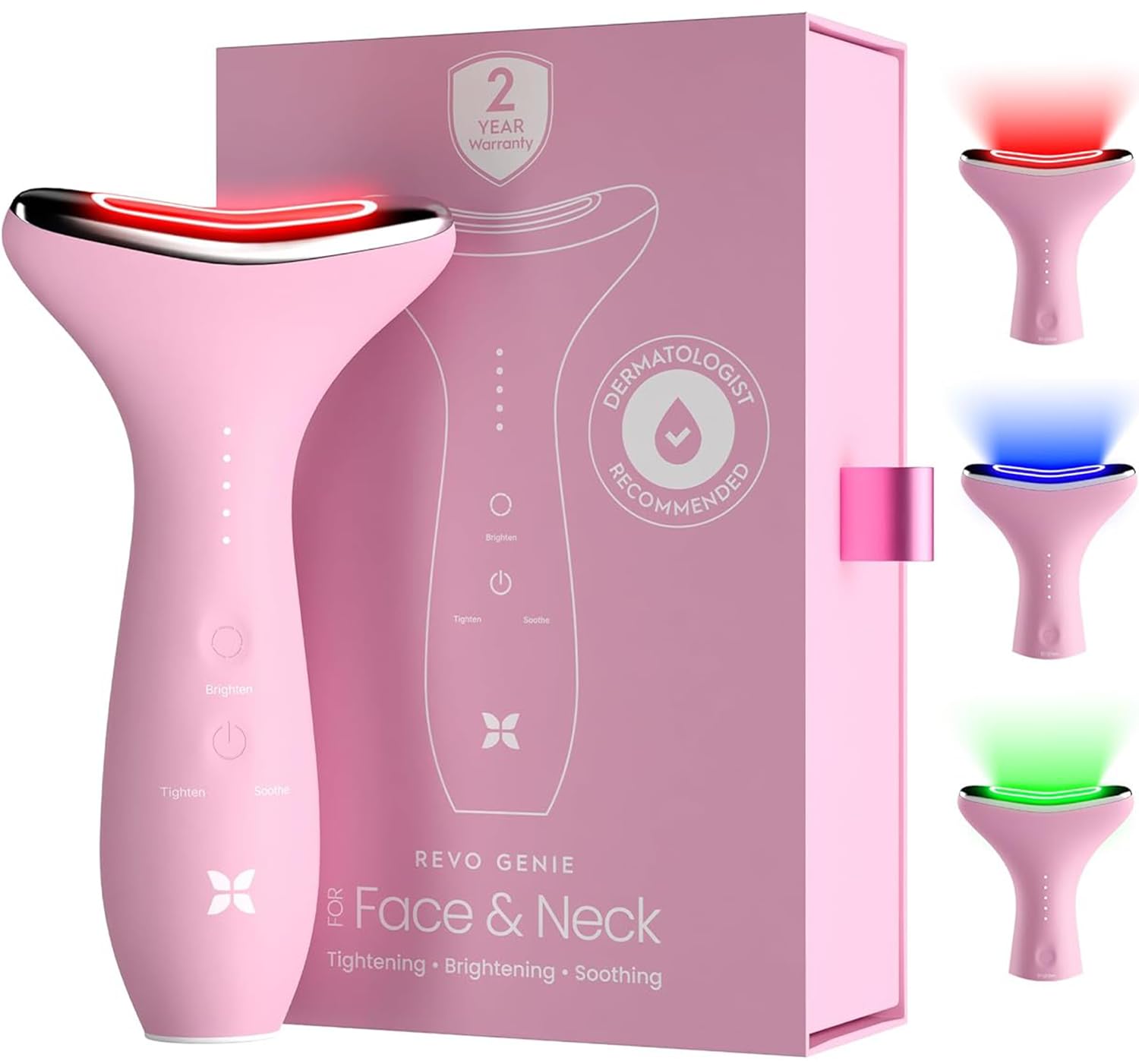 REVO Genie Facial Massager for Face and Neck, LED Face Lift Device with Heat & Vibration, Lymphatic Drainage Depuffing Tool, Red Blue Green Light Therapy for Skin Tightening & Skincare Absorption