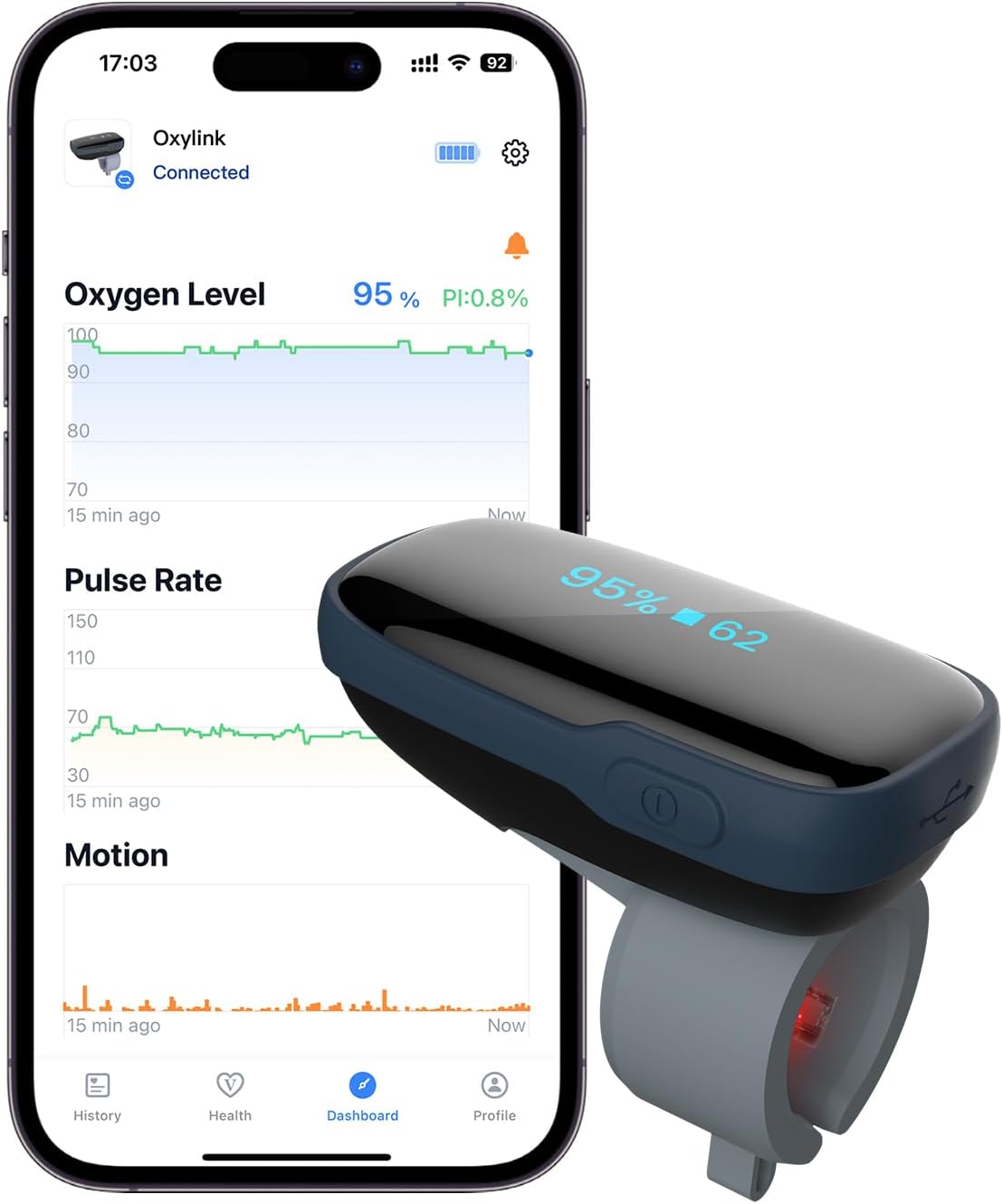 Vibeat Wearable Blood Oxygen Monitor Oxylink – Bluetooth Pulse Oximeter Finger with Audio Notification, Rechargeable O2 Sensor for Continuous Tracking with Free App