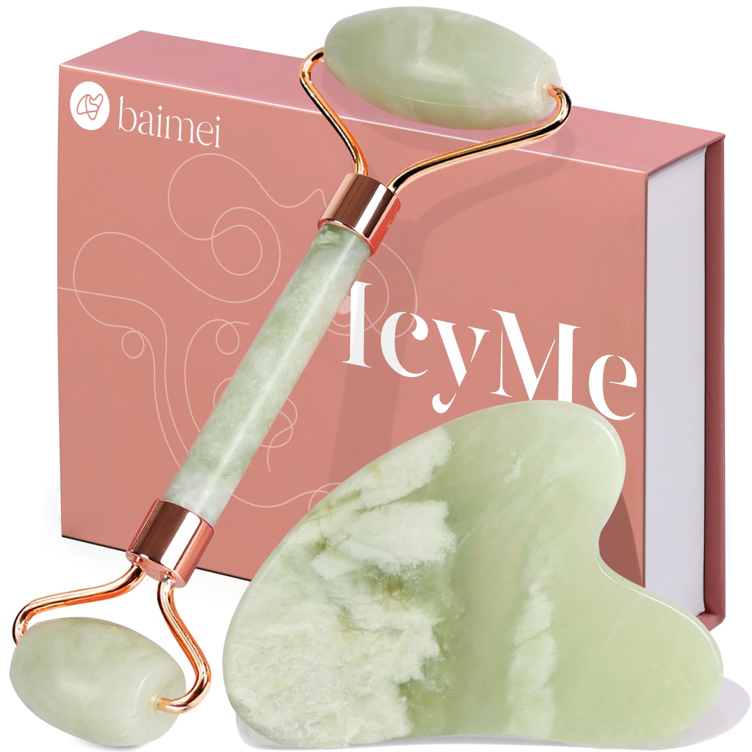 BAIMEI IcyMe Jade Roller & Gua Sha Set Face Roller and Gua Sha Facial Tools for Skin Care Routine and Puffiness, Self Care Gift for Men Women – Light Green