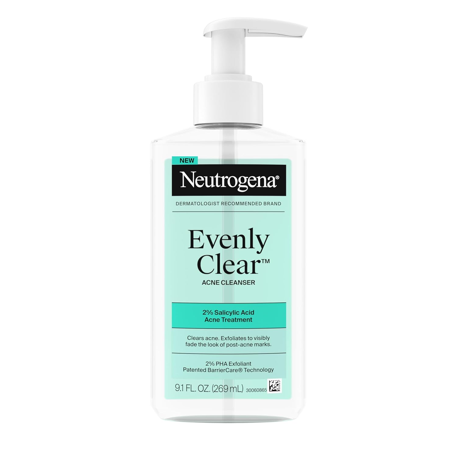 Neutrogena Evenly Clear Acne Cleanser with 2% Salicylic Acid & 2% PHA Exfoliant, Gentle Foaming Face Wash Clears Clogged Pores & Blackheads While Visibly Fading Look of Post-Acne Marks, 9.1 fl. oz