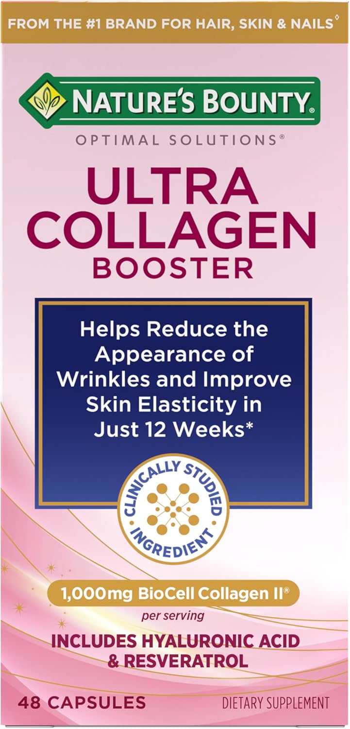 Nature’s Bounty Optimal Solutions Ultra Collagen Booster for Healthy-Aging Supplement, Resveratrol, Hyaluronic Acid – Collagen Capsules for Women, 48 Capsules