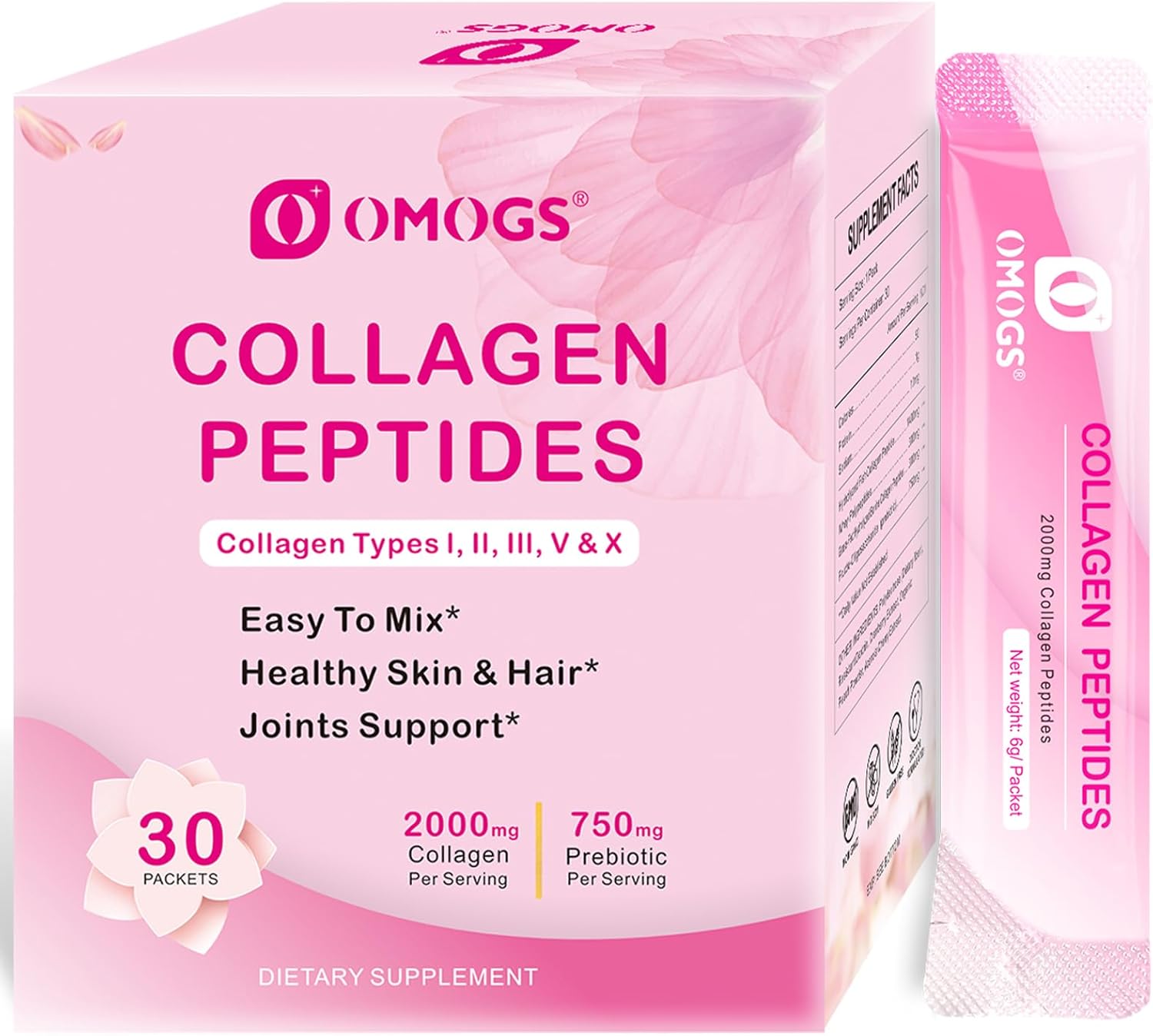 OMOGS Collagen Peptides Powder, with Prebiotics & Cranberry Extract -Hydrolyzed Collagen Peptides Support Hair, Skin, Nail, Bone & Digestive Health, Grass Fed, Non-GMO, for Women & Men