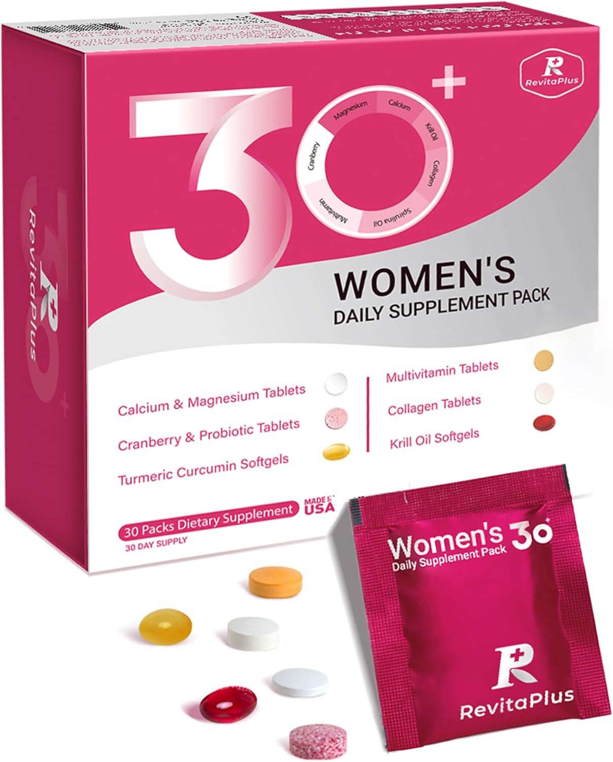 RevitaPlus Multivitamin for Women with Vitamin A,B,C,D3,E,K2,Biotin, Collagen,Krill Oil,Cranberries Supports Energy,Wellness,Beauty and Immune – Vitamin Packs for Women Health 30 Packs