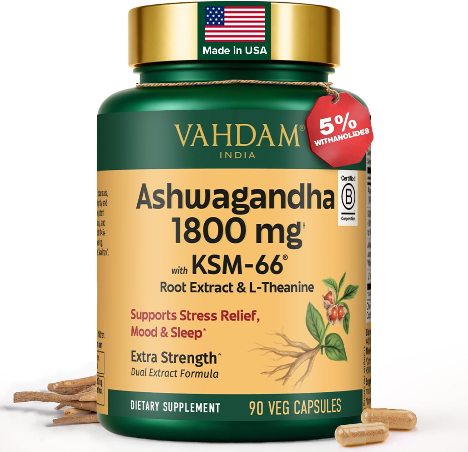 VAHDAM Ashwagandha Supplement 1800mg with Ashwagandha Root Extract and L-Theanine | Support Stress Relief, Mood and Sleep | 90 Capsules