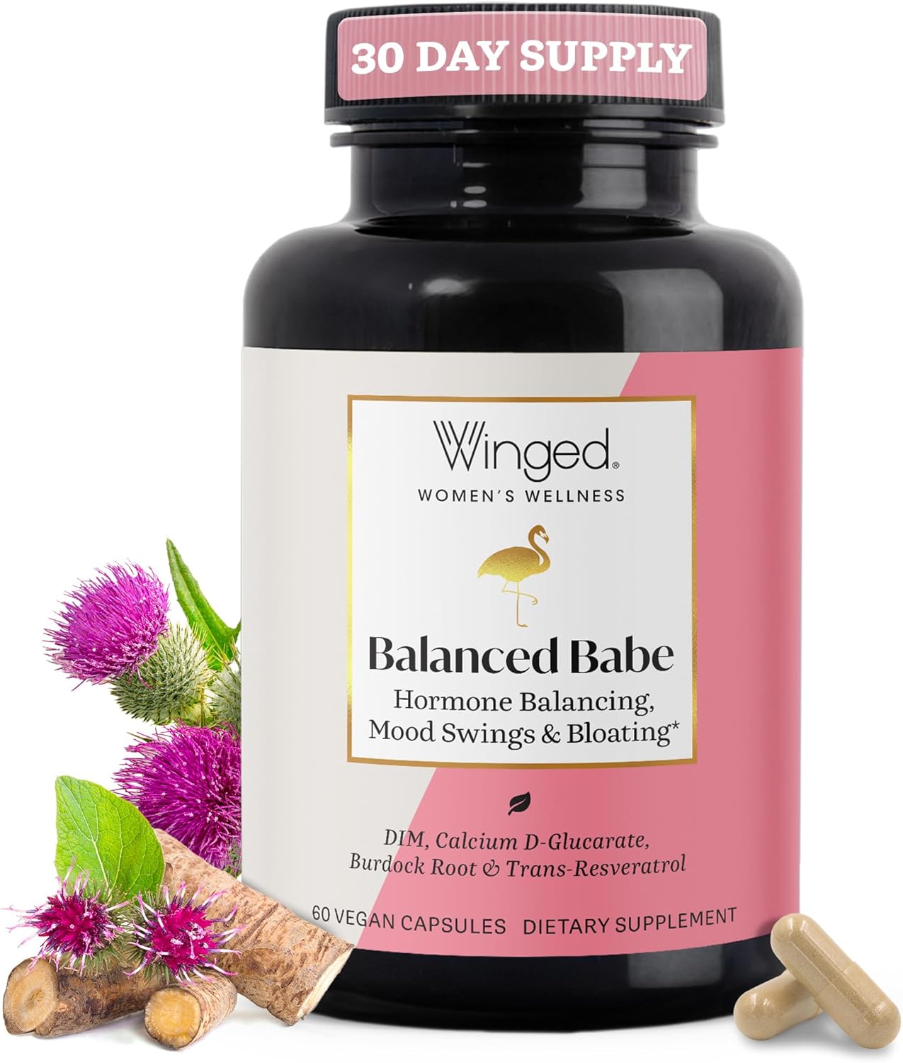 Winged Wellness Balanced Babe, Hormone Balance & Estrogen Detox Supplement for Women – 100mg DIM & Milk Thistle for PMS Bloating, Cramps, Mood, Hormonal Acne, & PCOS Support, 60 Capsules