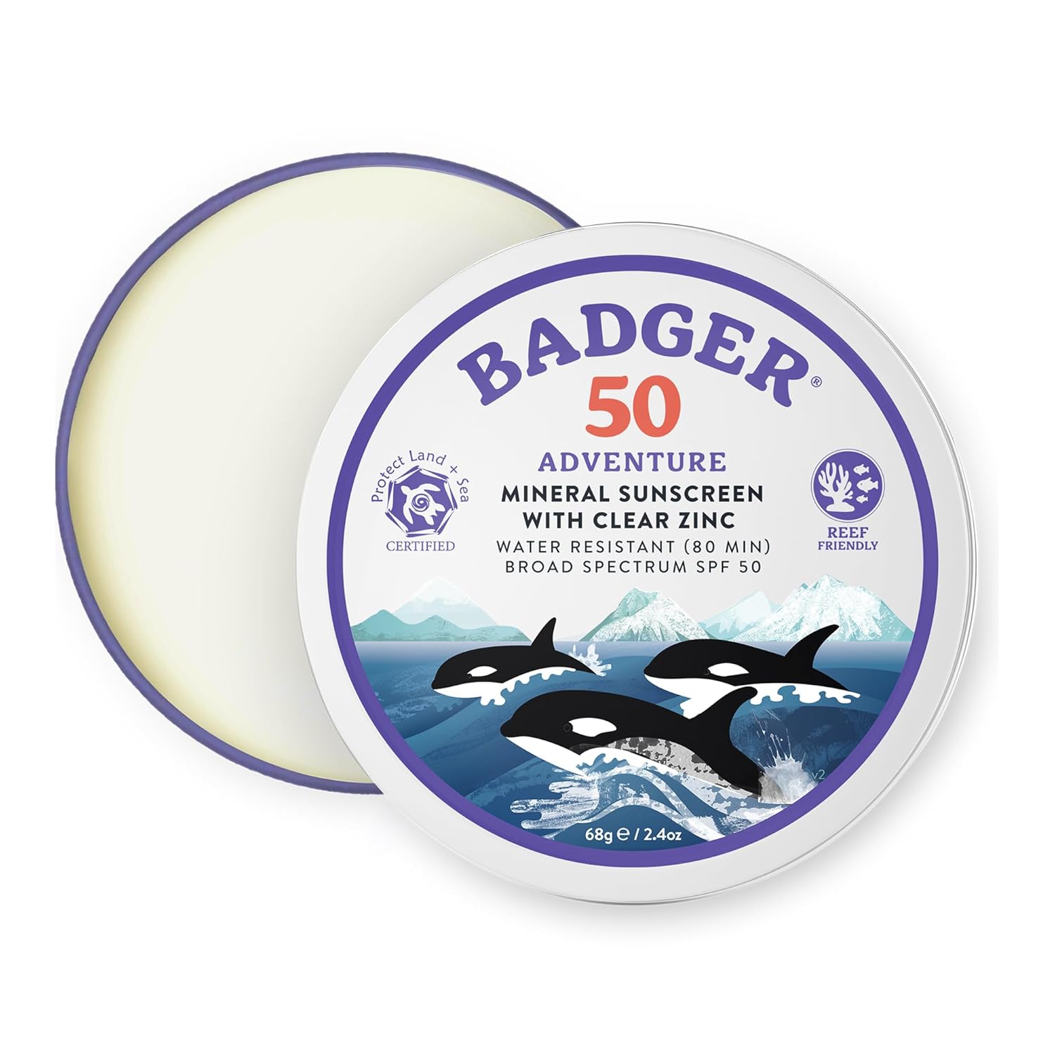 Badger Reef Safe Mineral Sunscreen, SPF 50, 98% Organic with Zinc Oxide, Non Toxic, Water Resistant, Unscented & Hypoallergenic, Broad – Spectrum, For Adventure, Travel & Sport, 2.4 oz Tin