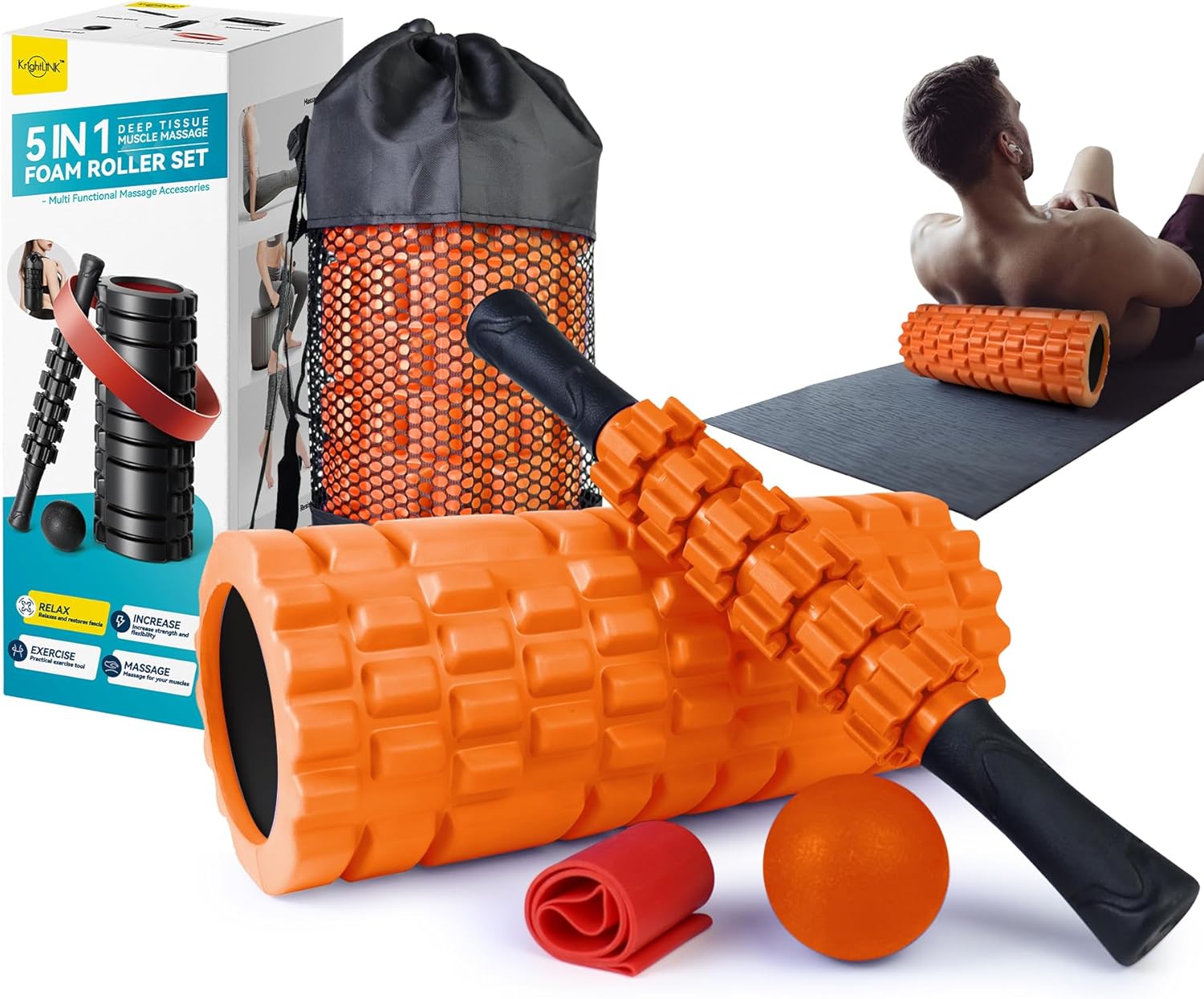 Krightlink 5 in 1 Foam Roller Set for Deep Tissue Muscle Massage, Trigger Point Fitness Exercise Foam Roller, Massage Roller, Massage Ball, Stretching Strap, for Whole Body (Orange Black)
