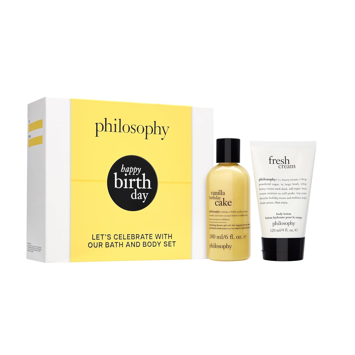 philosophy happy birthday gift set – 2-pc. vanilla birthday cake hydrating shower gel (6oz) & fresh cream body lotion (4oz) – moisturizing bath & body duo for women
