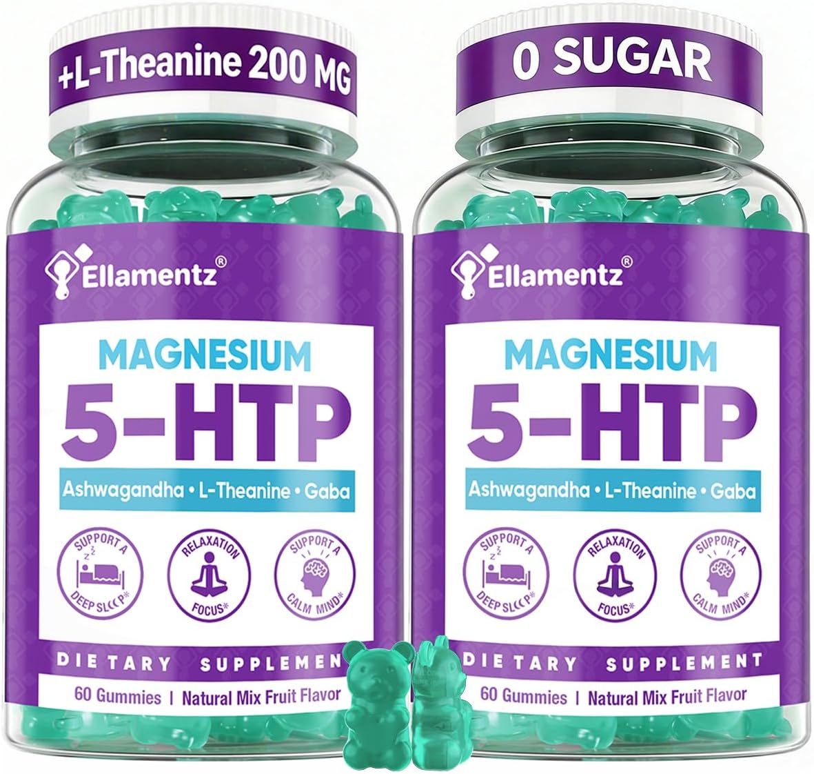 5HTP Gummies + GABA – Melatonin Free -Magnesium Glycinate, Ashwagandha, L-Theanine, L-Tryptophan & Vitamin D3 | Relaxation & Calm Gummies | Nighttime Support for Adults 2 Pack