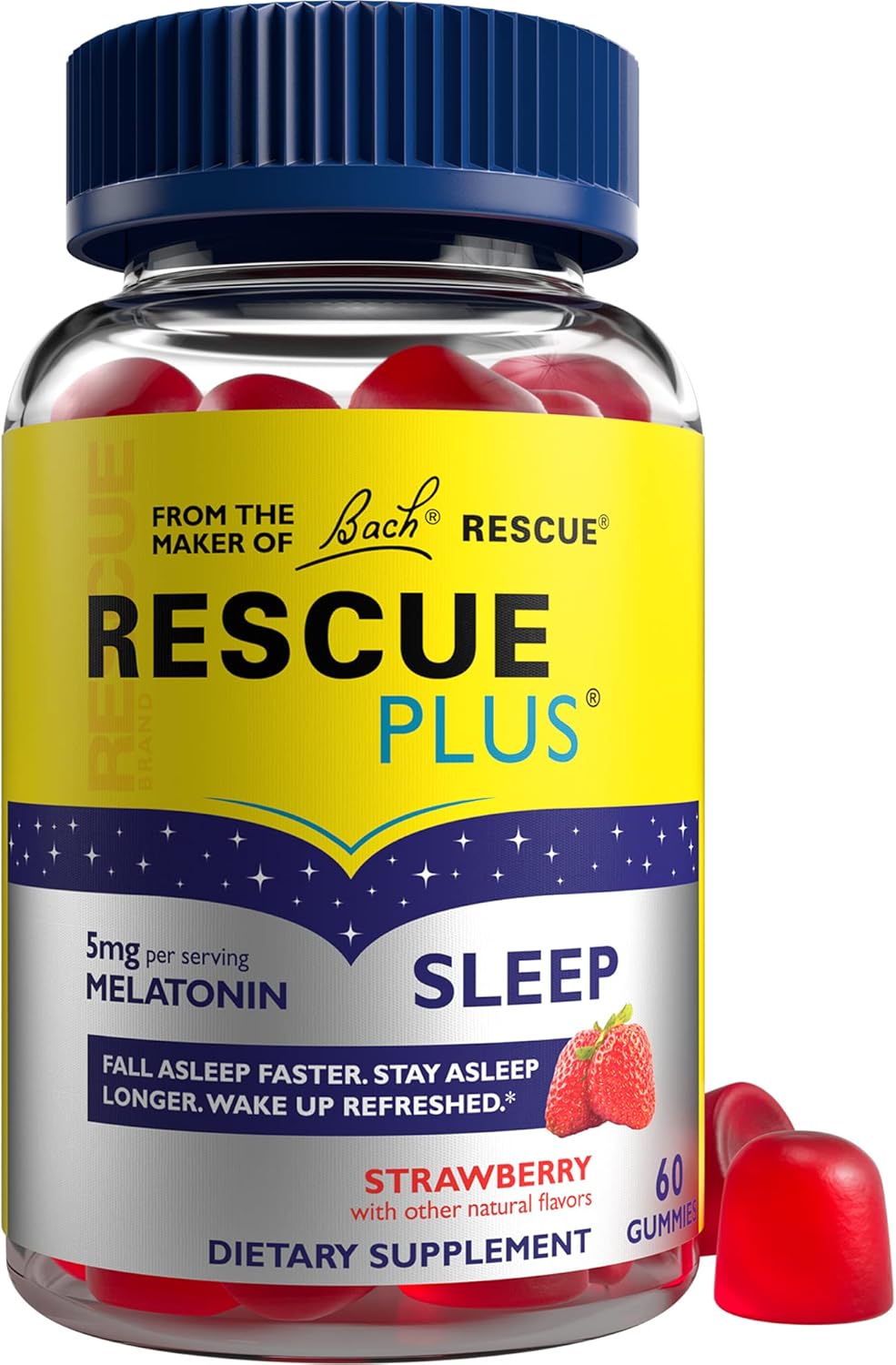 Bach RESCUE PLUS Melatonin Sleep Gummies, Natural Strawberry Flavor, Sleep Aid, Dietary Supplement, Vegan, Gluten-Free, No Artificial Flavors, Colors, 60 Count