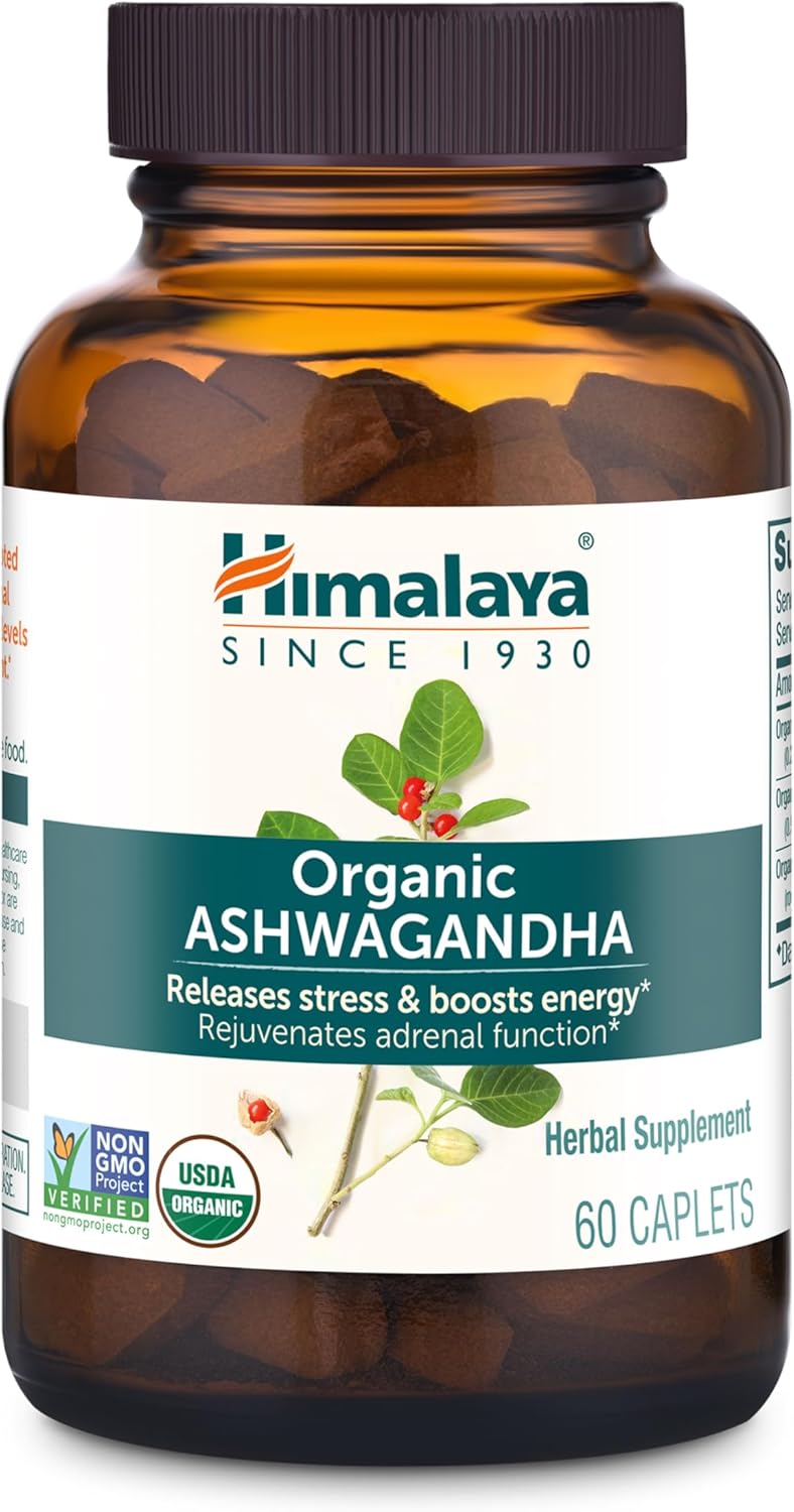 Himalaya Organic Ashwagandha Root, 2 Month Supply – Herbal Adrenal Support Supplements for Stress Relief and Energy Support – USDA Organic, Non-GMO, Vegan, Gluten Free, 670 mg, 60 Caplets