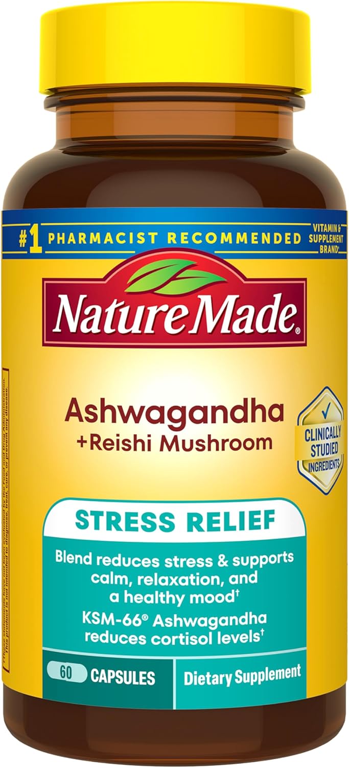 Nature Made Ashwagandha KSM 66 + Reishi Mushroom Capsules, Stress Relief Blend Ashwagandha and Mushroom Supplement, 60 Capsules, 30 Day Supply