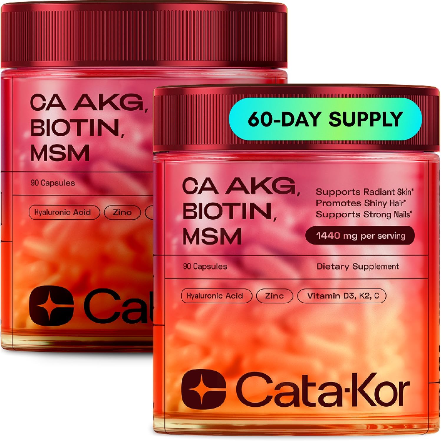 Cata-Kor Hair Skin and Nails Vitamins for Women – Biotin Collagen Hair Supplement | Hyaluronic Acid | Calcium AKG | MSM | Vitamin C & Vitamin D3 K2 – Hair Growth Vitamins for Women – 180 Caps (2 Pack)