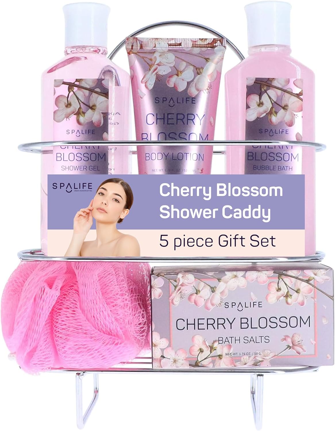 SpaLife Cherry Blossoms Gift Set – 5-Piece Bath and Shower Caddie, Bubble Bath, Shower Gel, Bath Salts, Body Lotion, Relaxing Luxury at Home Spa Experience, Perfect Mother’s Day Bath Gift for Women