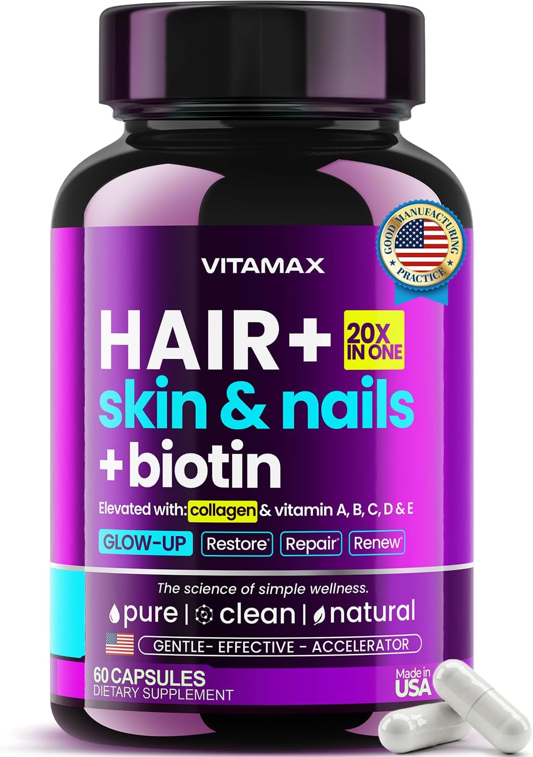 Biotin | Collagen | Keratin Booster with Hyaluronic Acid – Thicker Hair Growth, Healthy Skin & Stronger Nails Supplement – Extra Strength – Multi Vitamin B Complex – Women & Men – Made in USA – 60ct