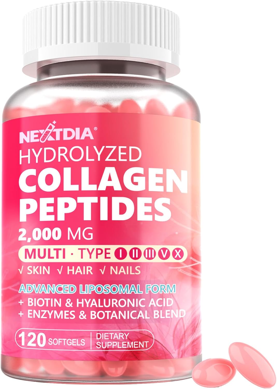 Hydrolyzed Collagen Peptides Pills for Women 2000mg Liposomal Form Type I, II, III, V, X for Optimal Absorption, Multi Collagen Softgels, Collagen Supplements with Hair, Skin & Nails Vitamins 120 Cts