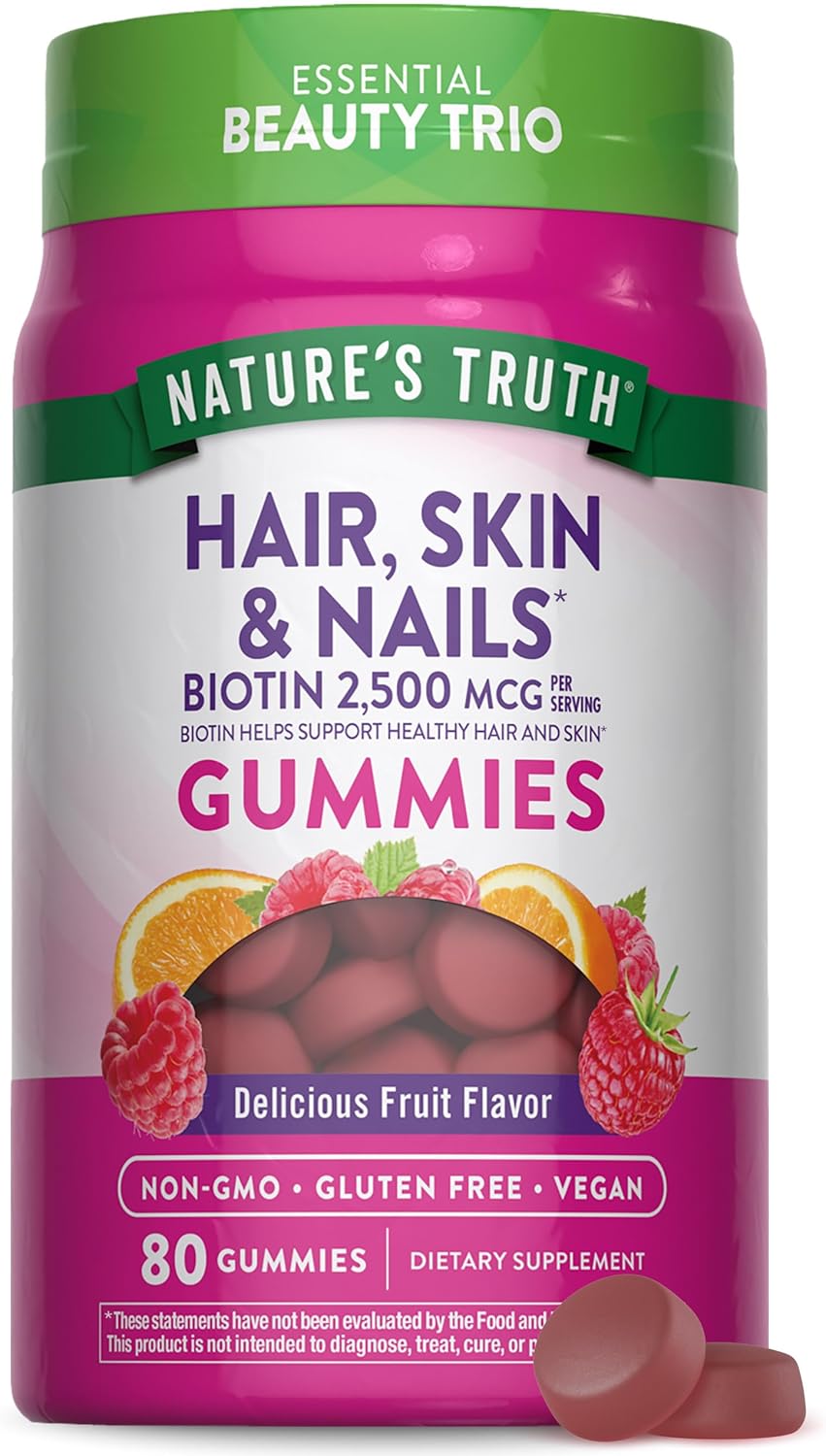 Nature’s Truth Hair Skin and Nails Gummies | 80 Count | 2500mcg of Biotin | Vegan, Non-GMO, Gluten Free Supplement | Vitamin for Women & Men