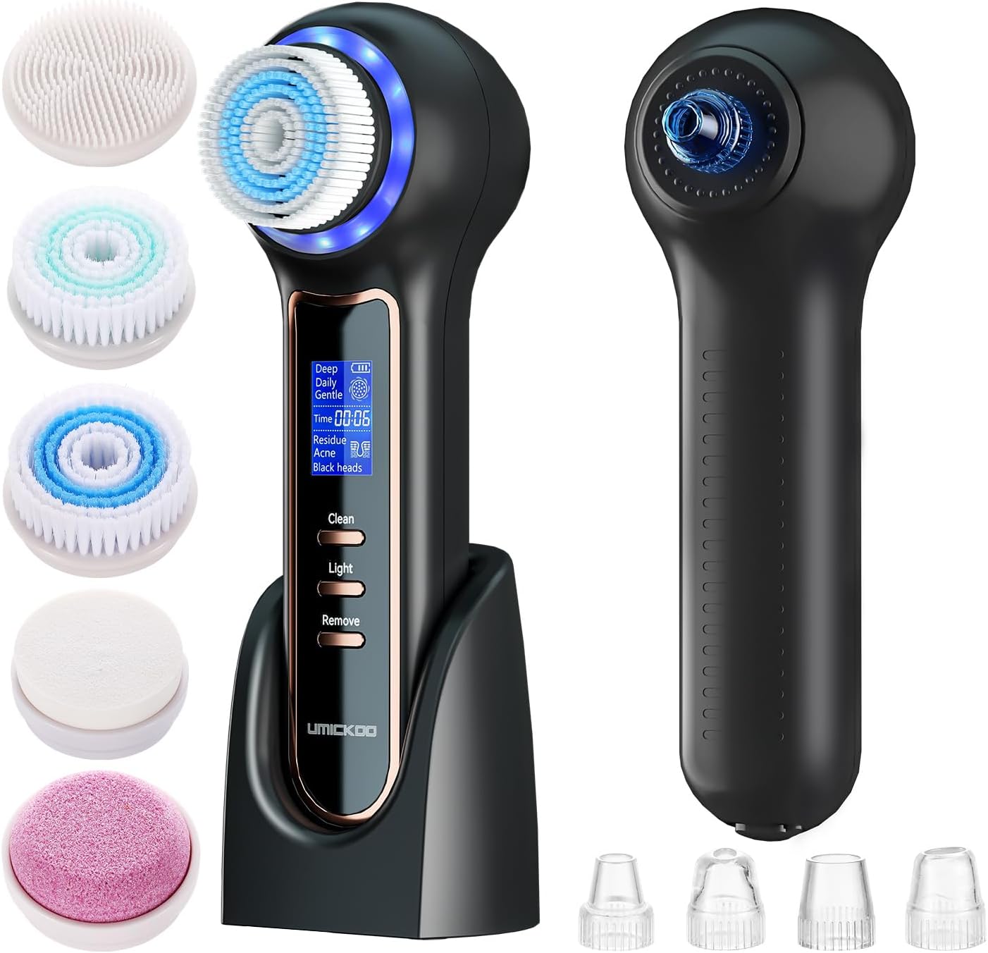 UMICKOO Electric Facial Cleansing Brush with LCD Screen, 3-in-1 Face Scrubber & Optional Blackhead Remover, Rechargeable, IPX7 Waterproof, Gentle Daily & Deep Cleaning for All Skin Types