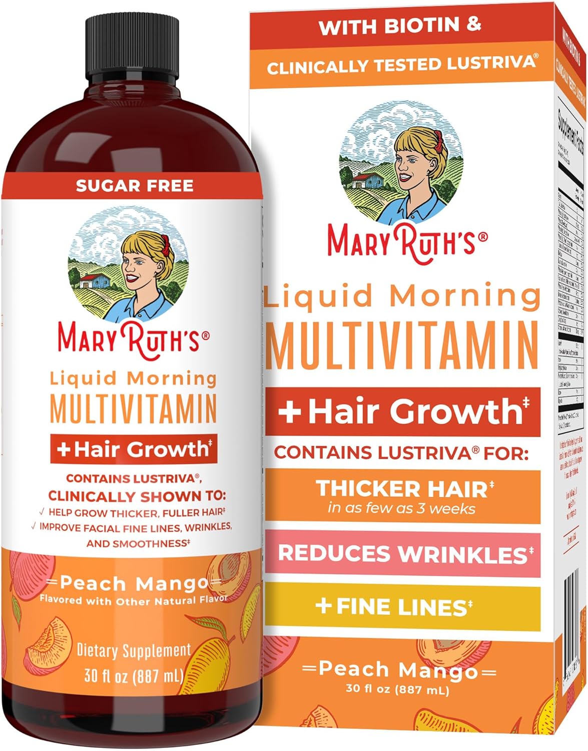 MARYRUTH’S Liquid Multivitamin+Hair Growth | Clinically Tested for Thicker Hair & Facial Wrinkles in Women | Biotin 10000mcg | Lustriva Hair Growth Supplement | Skin Care | Age 18+ | 30 Fl Oz