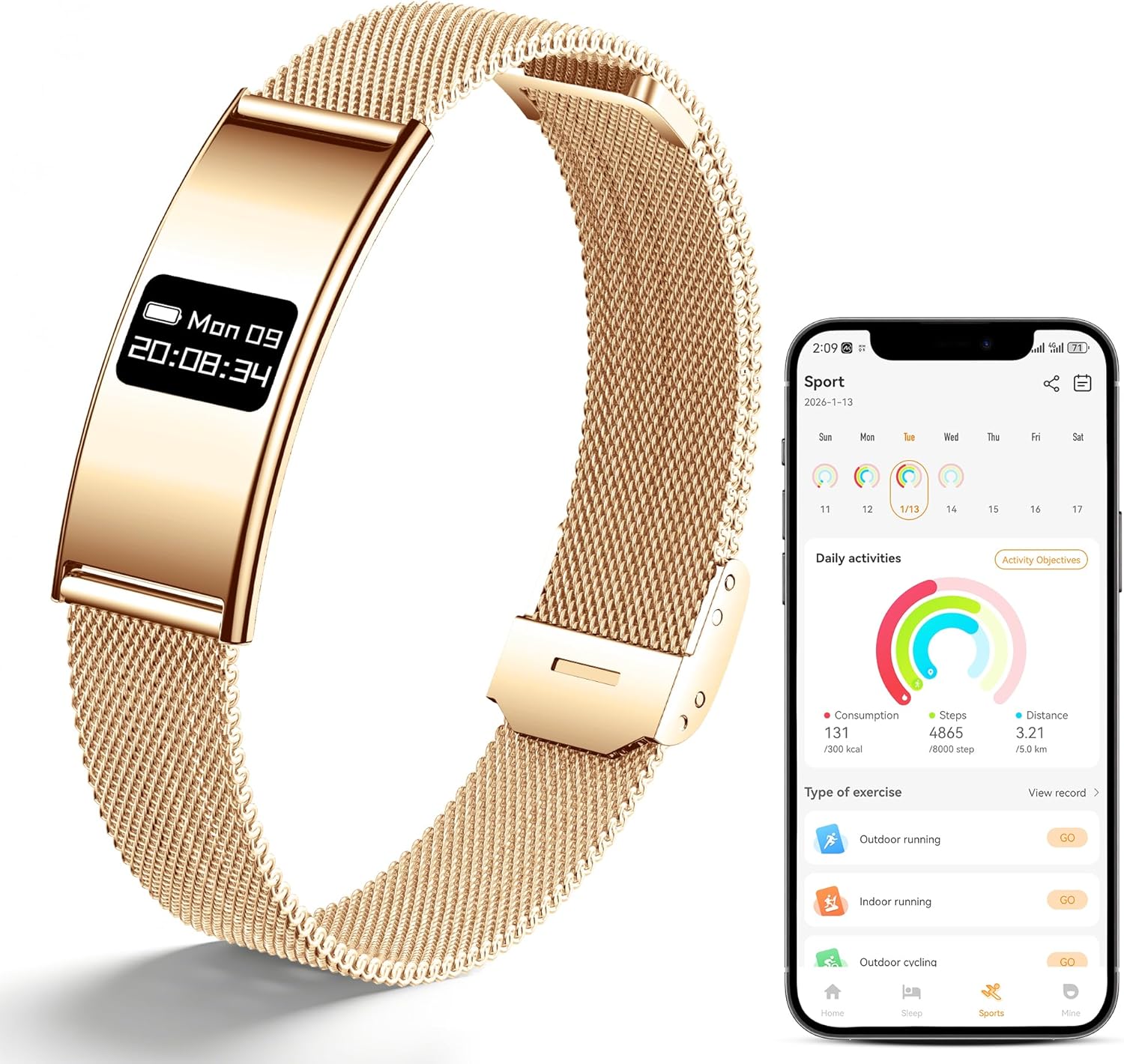 Smart Bracelet for Women Men, Activity & Fitness Trackers/SpO2/Heart Rate/Sleep Stress/1ATM Waterproof,Automatic Monitoring Wearable Fitness Tracker with Free App,2 Bands (Golden)