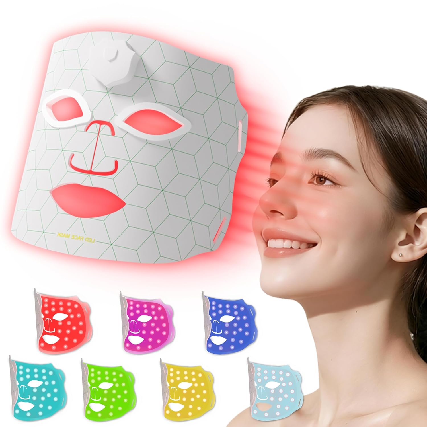 JVV Red Light Therapy for Face, 7 Colors LED Facial Skin Care Mask, 10-Minute Auto Off, Wearable for Home Use, White