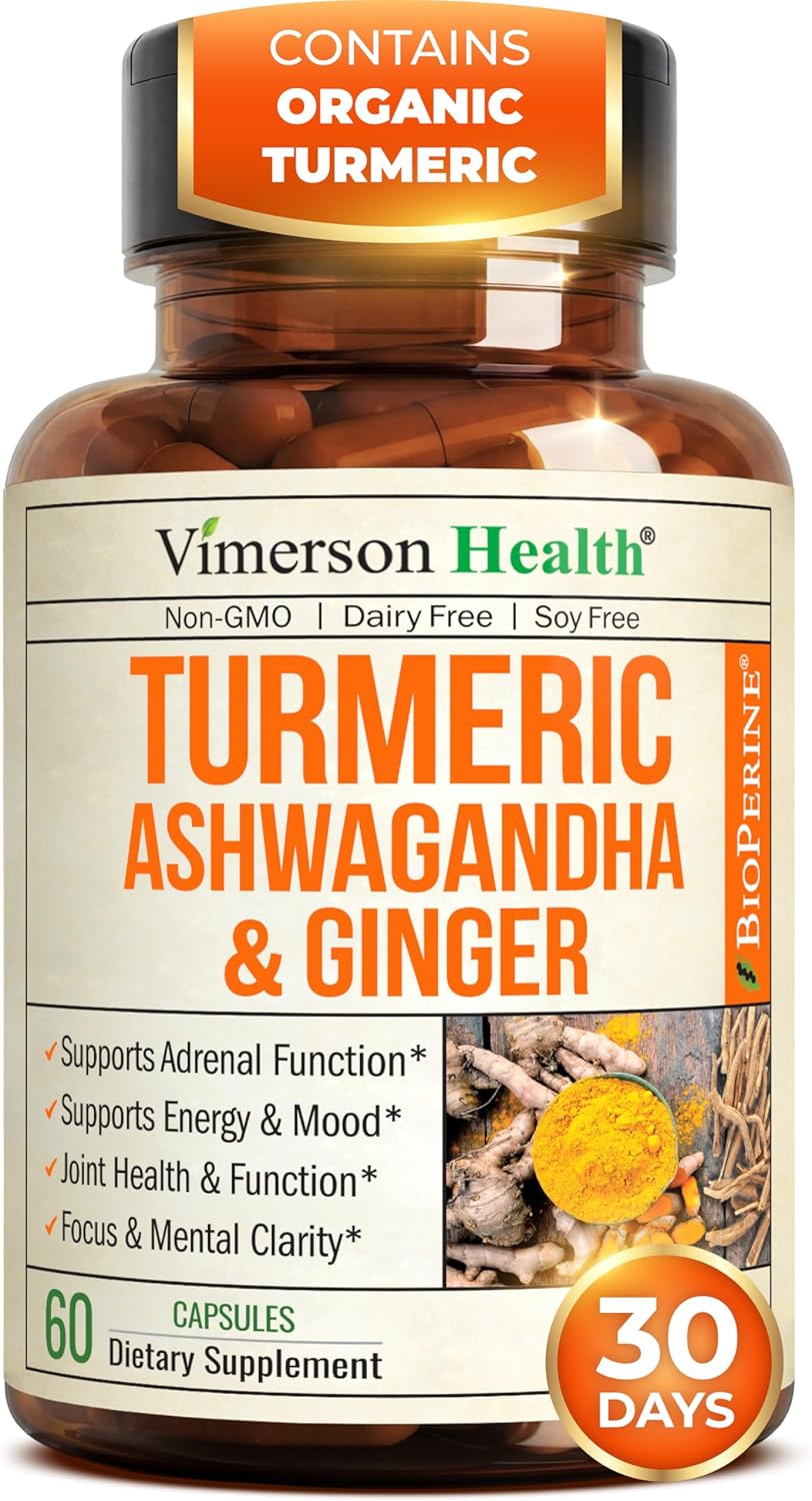 Ashwagandha Capsules with Organic Turmeric Curcumin, Ginger Root & Black Pepper – Daily Stress Relief Support, Joint Health, Energy & Mood Balance – 60 Ashwagandha Capsules for Women & Men