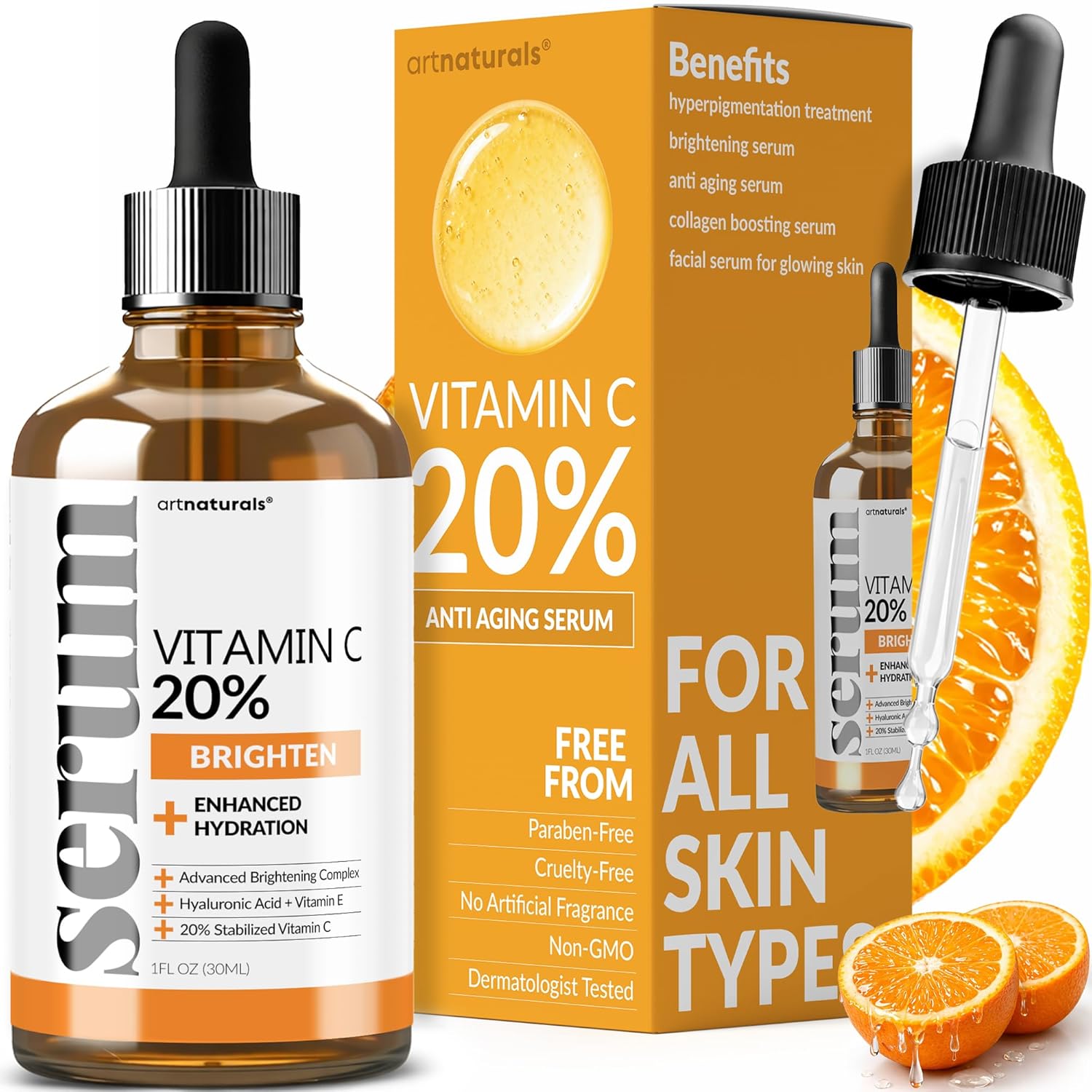 artnaturals Anti-Aging Vitamin C Serum – (1 Fl Oz / 30ml) – with Hyaluronic Acid and Vit E – Wrinkle Repairs Dark Circles, Fades Age Spots and Sun Damage – Enhanced 20% Vitamin C