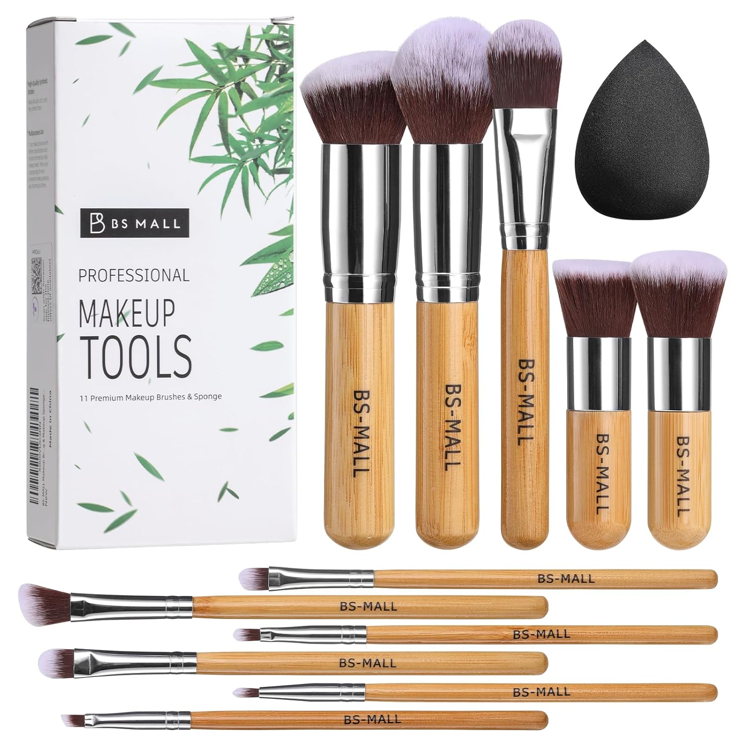 BS-MALL Makeup Brush Set 11Pcs Bamboo Synthetic Kabuki Brush Set Foundation Powder Blending Concealer Eye shadows Blush Cosmetics Brushes with Travel Organizer Bag & Makeup Sponge (Bamboo 11)