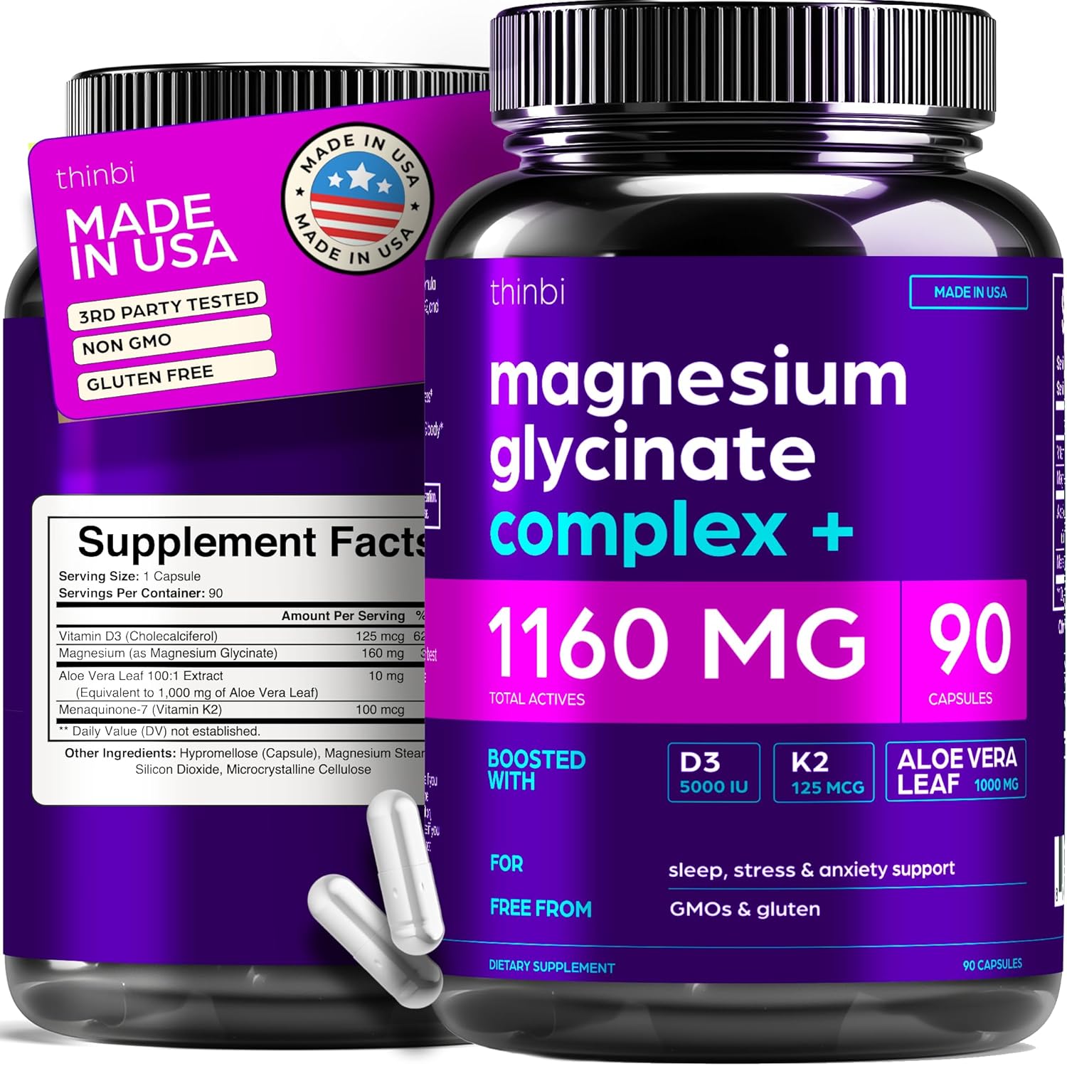Magnesium Glycinate 1160mg + Aloe Vera, D3 & K2 Complex 90 Capsules – High Absorption, Non-Laxative – Supports, Muscle Function & Healthy Metabolism Chelated Formula